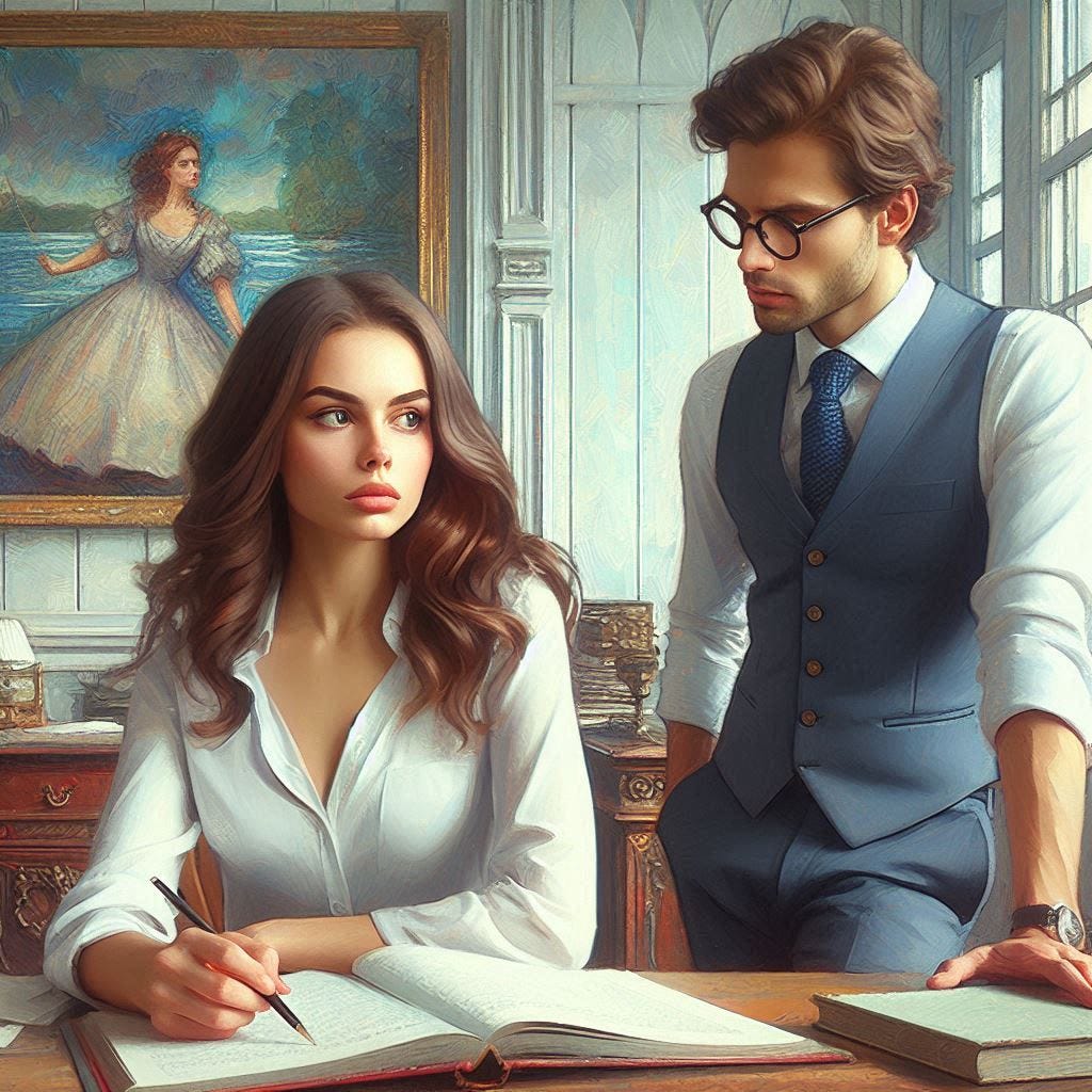 A pretty woman writing a book glares at a bespectacled man who is standing with his arms folded and is talking at her. Interior. Ornate private office. Impressionist-style. A pretty woman writing a book glares at a bespectacled man who is standing with his arms folded and is talking at her. Interior. Ornate private office. Impressionist-style.