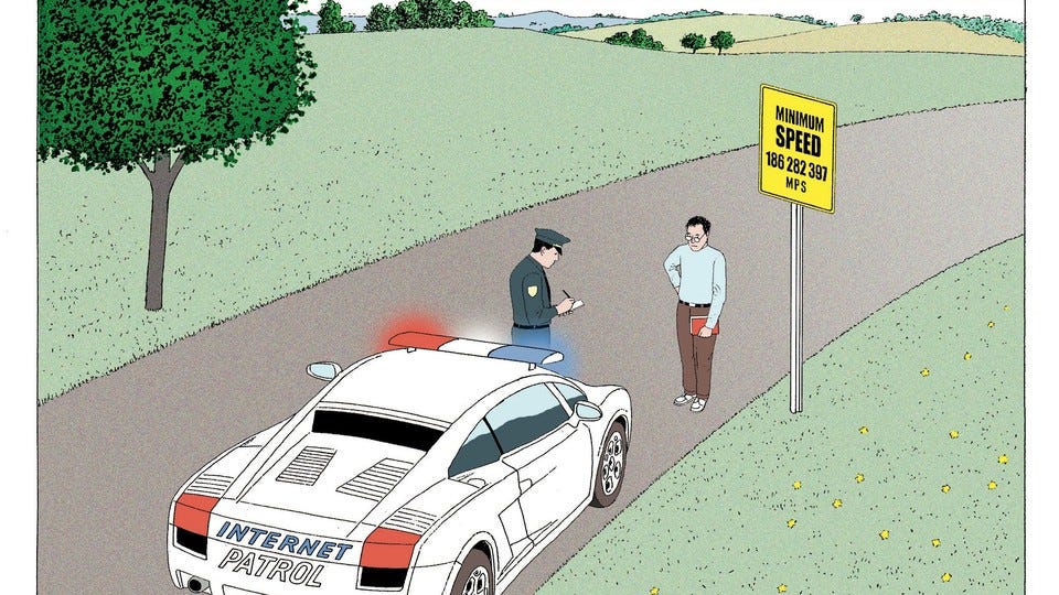 An illustration of an "Internet Patrol" officer writing a ticket while someone stands in front of a "Minimum Speed" sign An illustration of an "Internet Patrol" officer writing a ticket while someone stands in front of a "Minimum Speed" sign