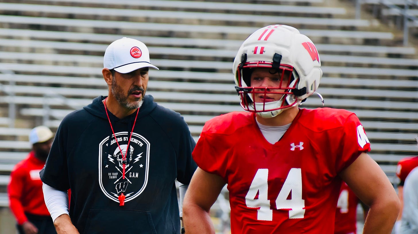 Cooper Catalano (44) stands next to Wisconsin Badgers head coach Luke Fickell at fall camp practice Cooper Catalano (44) stands next to Wisconsin Badgers head coach Luke Fickell at fall camp practice