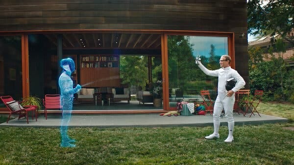 Mark Zuckerberg is dressed in white for a fencing match in a scene from virtual reality.