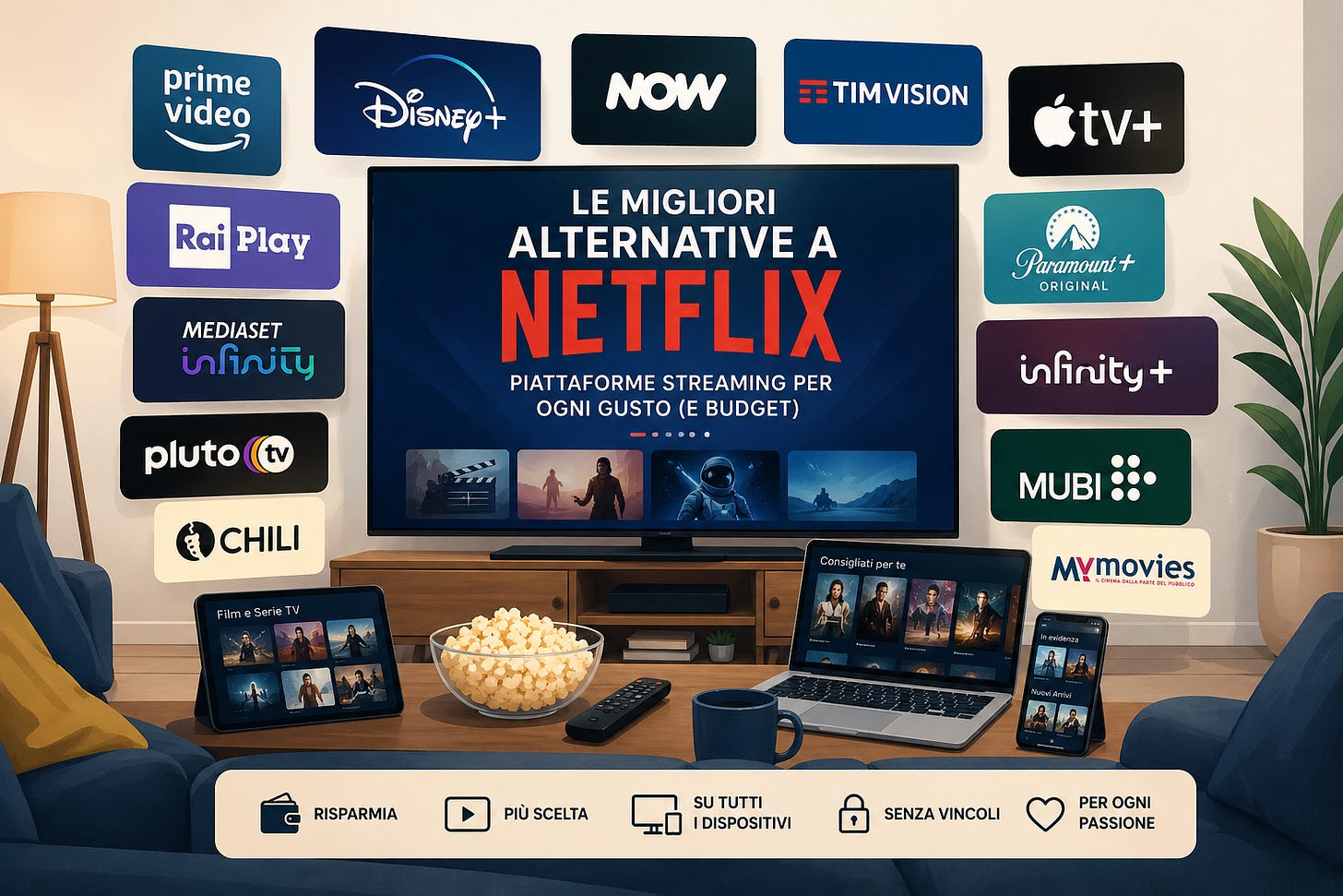 Illustrazione di diverse piattaforme streaming visualizzate su TV e dispositivi digitali, rappresentando alternative a Netflix.