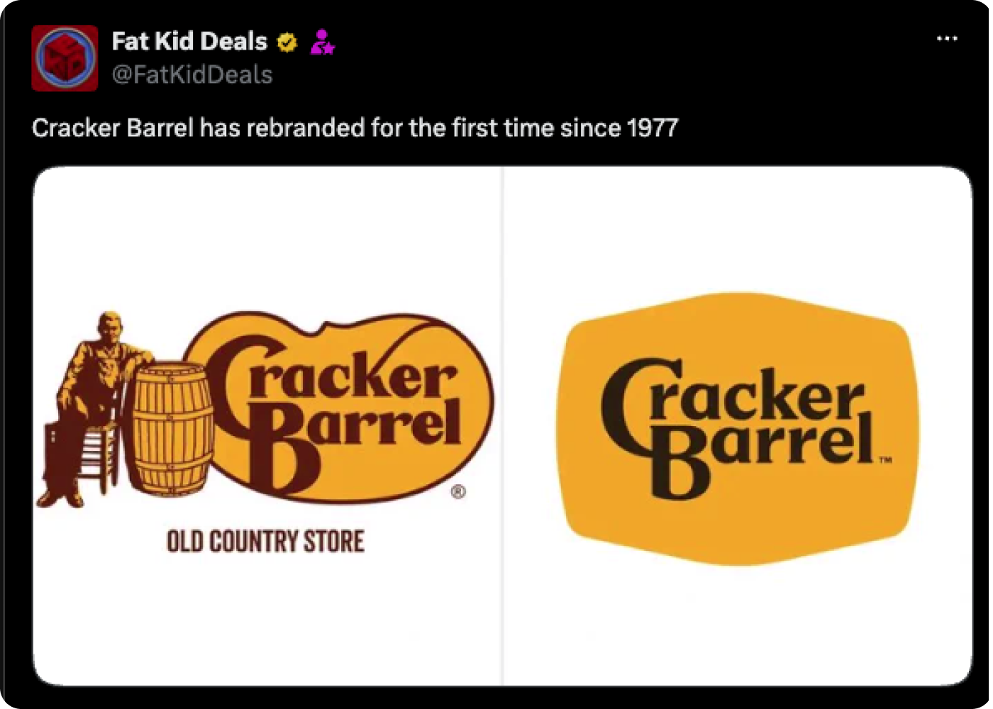 Post on X from Fat Kid Deals - shows old and new logos: Cracker Barrel has rebranded for the first time since 1977 Post on X from Fat Kid Deals - shows old and new logos: Cracker Barrel has rebranded for the first time since 1977