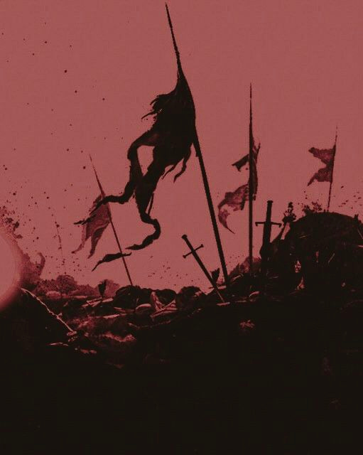 This may contain: the silhouette of a person on a horse with flags flying in the air behind them