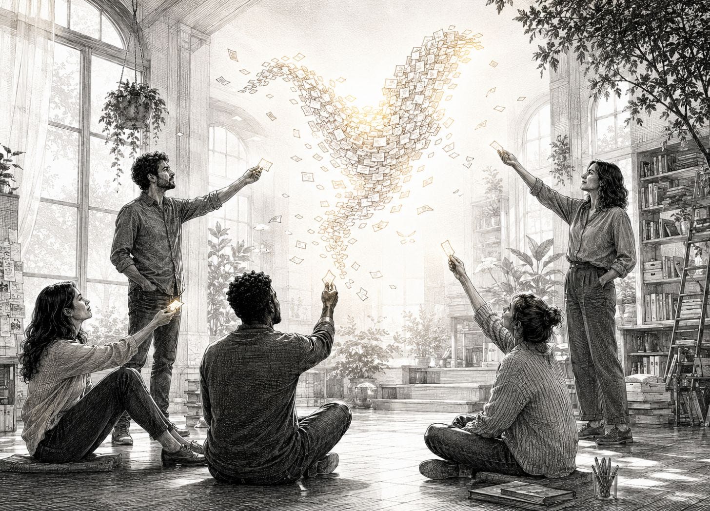 Several hands release blank paper fragments that gather around a small golden shape in a bright studio. Several hands release blank paper fragments that gather around a small golden shape in a bright studio.