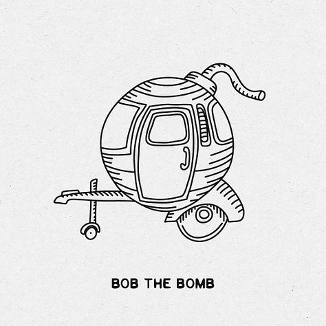 Whimsical trailer concepts, each with a unique name assigned such as Bob the Bomb, Jerry the Jailbird, Doug the Detective, Cory the Accordion, Debbie the Door, Dilbert the Diner, Micky the Misunderstood, Carrie the Carriage, Klein the Inclined