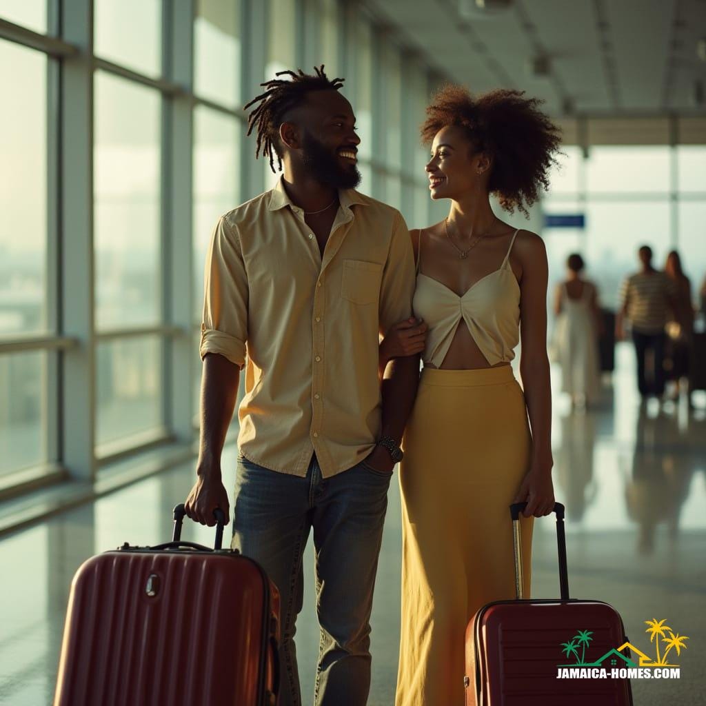 Couple arriving in Jamaica, capturing the joy and emotion of coming home.