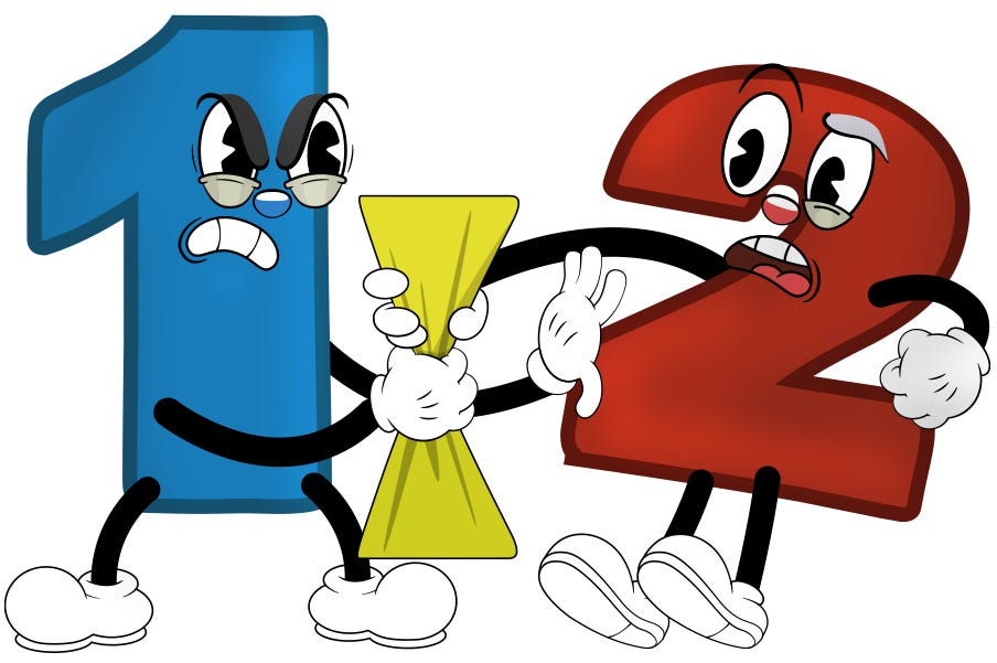 A cartoon number one and two battling, representing the conflict between type 1 and type 2 errors.