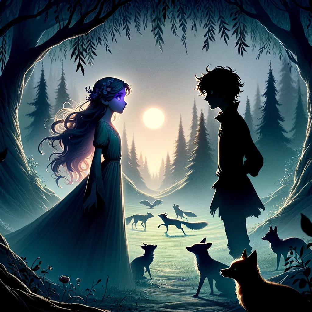A silhouette scene in the Weeping Woods, with twelve-year-old Elara standing in a dappled light clearing, her ethereal beauty hinted at by her silhouette framed by moonlit hair. Her violet eyes are suggested by a subtle glow within the shadow, conveying the depth of forest mysteries. Beside her, a shadowy figure of Lysander, slightly older and male, is portrayed as a rogue child, his presence undiscernable except for the hints of tousled dark hair and an adventurous posture. The background shows the enchanted woods with a playful circle of foxes and the soft light filtering through the trees, suggesting a mystical atmosphere. The scene captures the moment of their meeting, with Elara's commanding presence and Lysander's curious demeanor, foreshadowing their future complexity and hinting at their villainy. The environment is serene yet filled with an air of intrigue and the unspoken potential of their unfolding story.