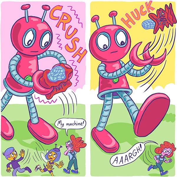 The gigantic robot picks up Marcia’s weather machine project and crushes it. Marcia screams,”My machine!” Marcia runs away screaming, “Aaargh!”