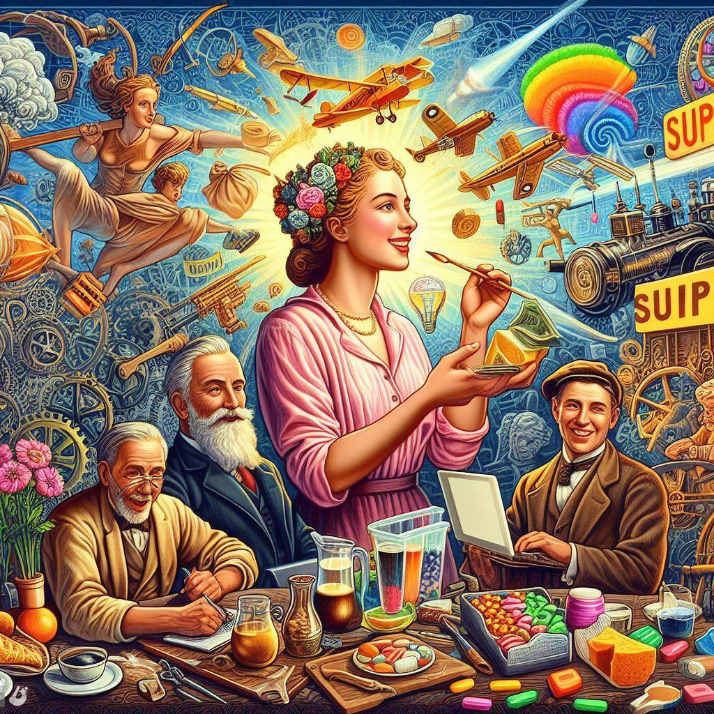 image to accompany a fun and engaging blog post about the history and dynamics of supply, demand, desire, and innovation.  digital art