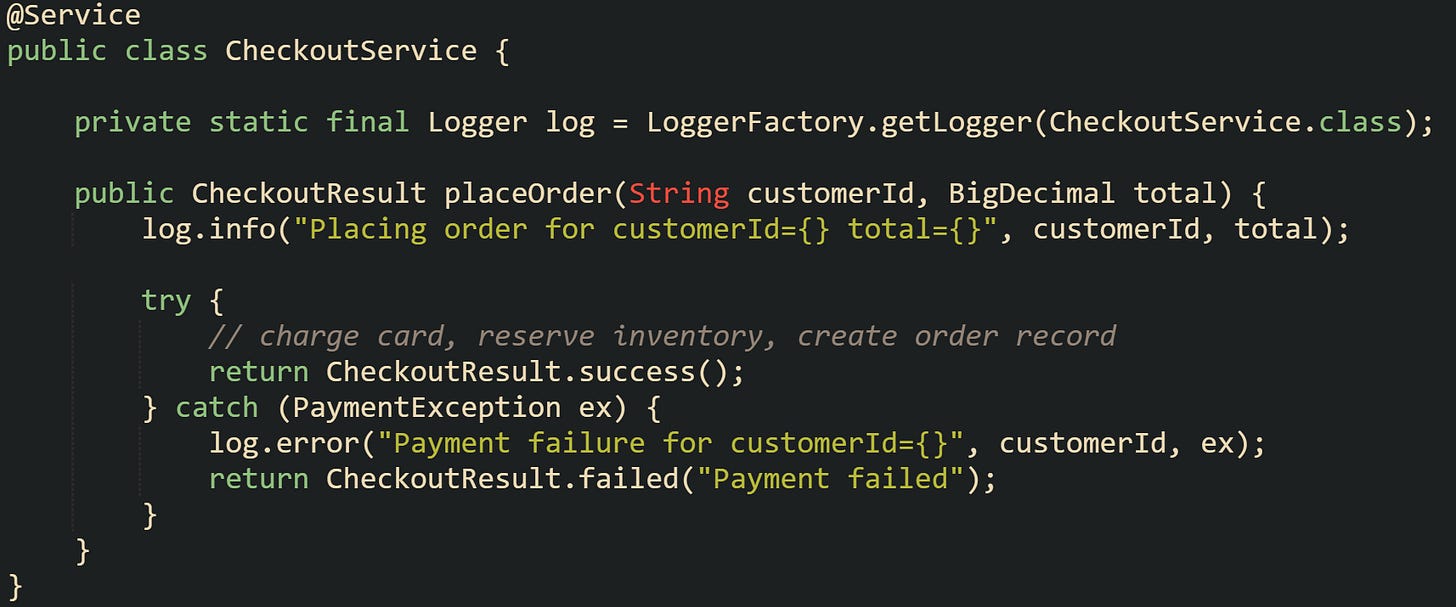 @Service public class CheckoutService {      private static final Logger log = LoggerFactory.getLogger(CheckoutService.class);      public CheckoutResult placeOrder(String customerId, BigDecimal total) {         log.info("Placing order for customerId={} total={}", customerId, total);          try {             // charge card, reserve inventory, create order record             return CheckoutResult.success();         } catch (PaymentException ex) {             log.error("Payment failure for customerId={}", customerId, ex);             return CheckoutResult.failed("Payment failed");         }     } }