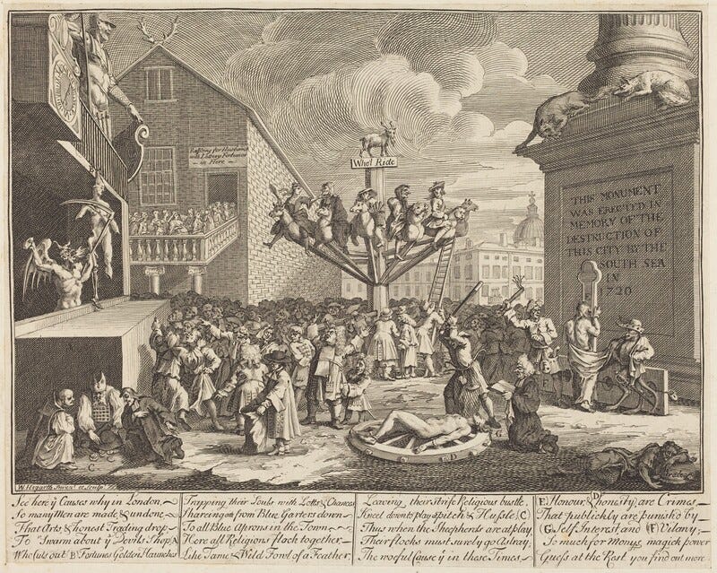 The image shows a crowded and chaotic scene with various activities and symbolic imagery. There is a large wheel ride at the center, with figures on horseback riding it. Surrounding the ride is a detailed street scene with people engaging in different actions. On the left, there is a shop with a sign reading "Stockjobbing" office. At the bottom right, text panels with satirical verses critique society and commerce. The artwork is depicted in a high contrast, black and white etching style. The image shows a crowded and chaotic scene with various activities and symbolic imagery. There is a large wheel ride at the center, with figures on horseback riding it. Surrounding the ride is a detailed street scene with people engaging in different actions. On the left, there is a shop with a sign reading "Stockjobbing" office. At the bottom right, text panels with satirical verses critique society and commerce. The artwork is depicted in a high contrast, black and white etching style.