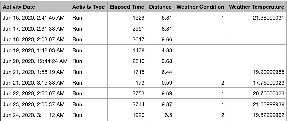 A screenshot of an output file from Strava showing a row for each activity record. A screenshot of an output file from Strava showing a row for each activity record.