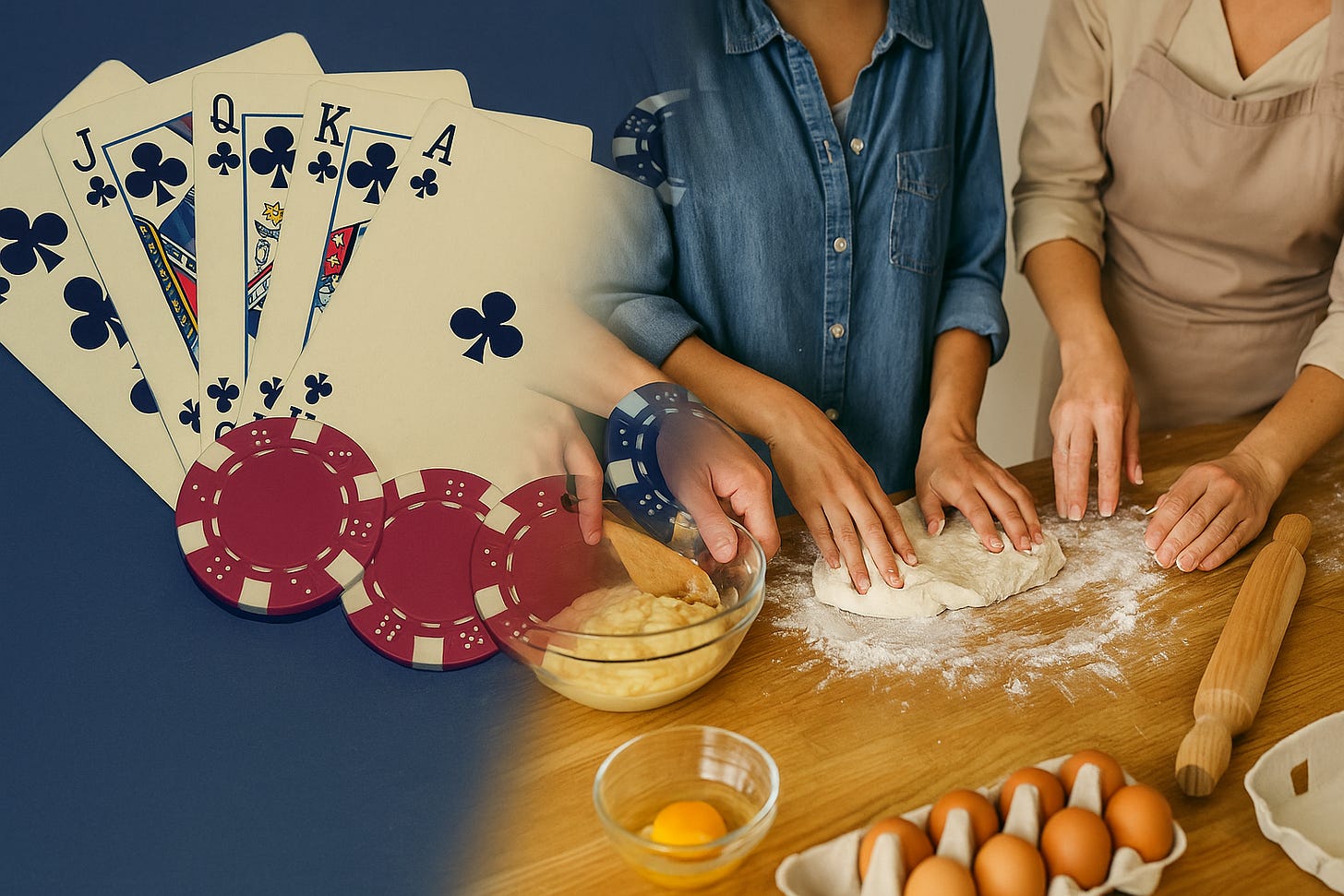 Split image showing a poker game on the left with cards and chips, and people baking bread on the right, symbolizing the contrast between zero-sum competition and cooperative creation.