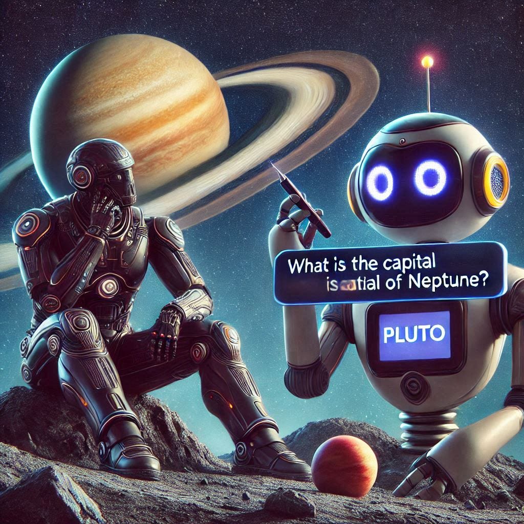 A human and a robot both answering Pluto to the question What is the capital of Neptune?