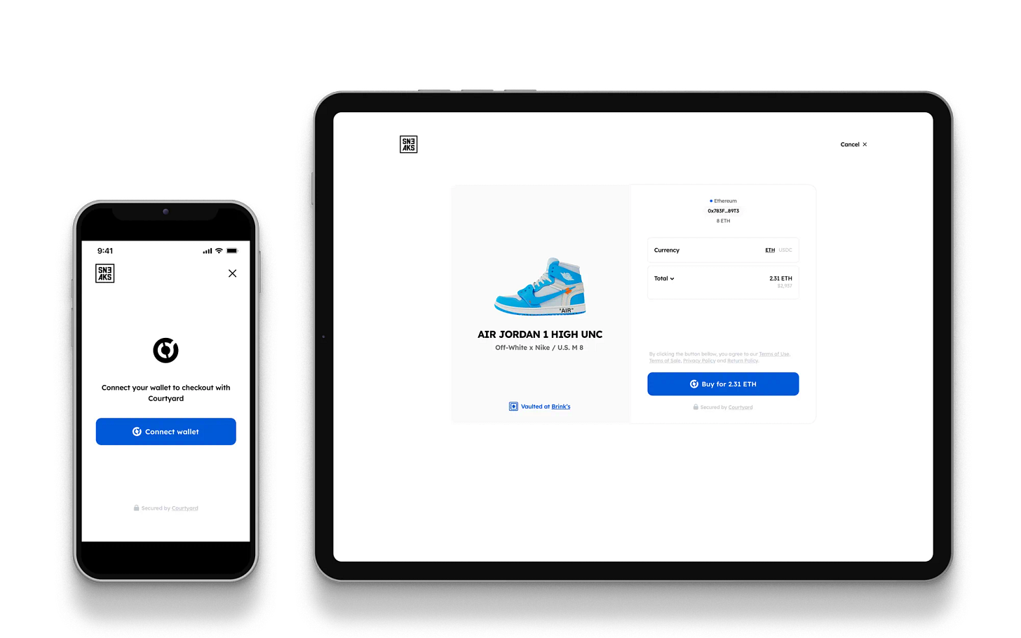 Smartphone and tablet showcasing Courtyard checkout