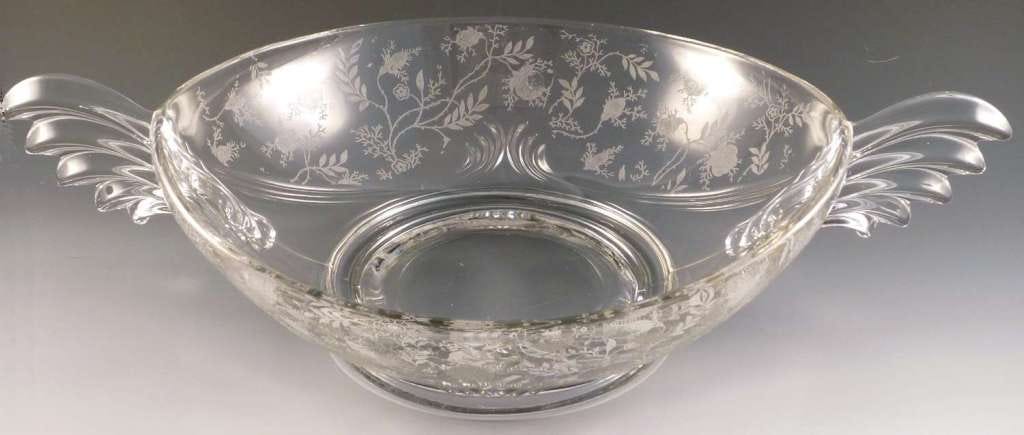 Fostoria Glass Chintz Etched Crystal Oval Handled Console Bowl