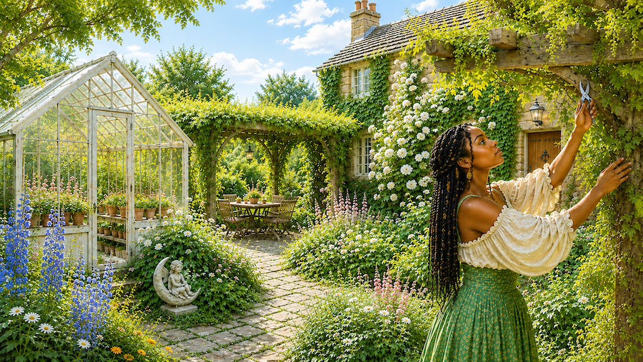 Ivy gently trims young grapevine shoots from the pergola while white briar roses, climbing ivy, and flowering plants flourish around her in the cottage garden. Images designed by Kim West and created with AI assistance. Ivy gently trims young grapevine shoots from the pergola while white briar roses, climbing ivy, and flowering plants flourish around her in the cottage garden. Images designed by Kim West and created with AI assistance.
