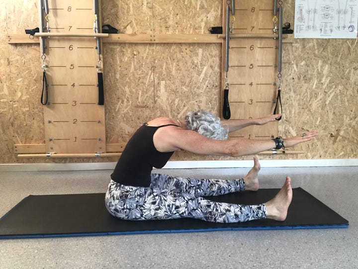 seven photos with a white haired woman in exercise clothing doing each of the Pilates exercises listed in the email