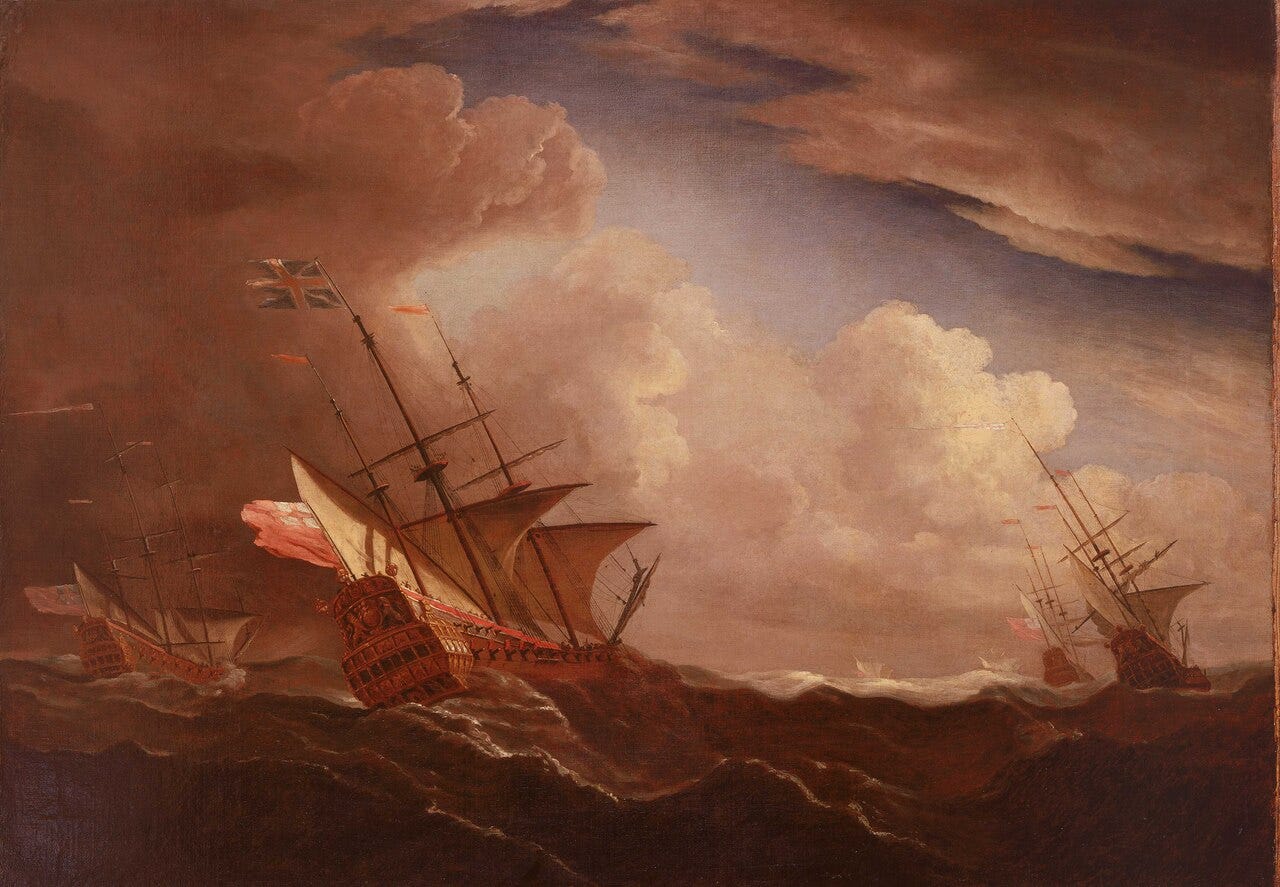 Tall Dutch sailing ships heel over in a rough grey sea under a stormy sky Tall Dutch sailing ships heel over in a rough grey sea under a stormy sky