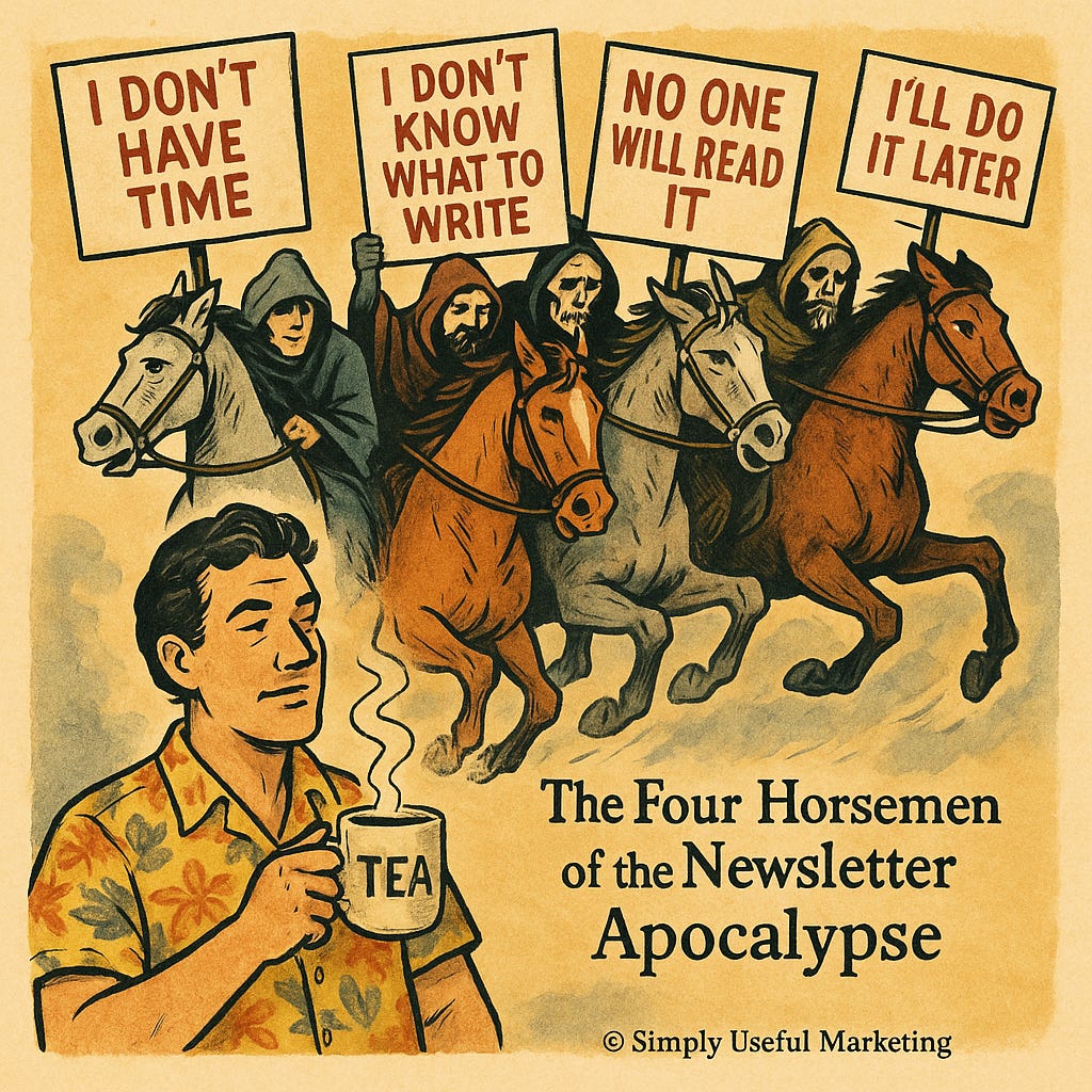 Illustration of four chaotic horsemen on horseback holding signs with common newsletter fears, while a calm man in a Hawaiian shirt stands nearby holding a mug of tea, unfazed. Illustration of four chaotic horsemen on horseback holding signs with common newsletter fears, while a calm man in a Hawaiian shirt stands nearby holding a mug of tea, unfazed.
