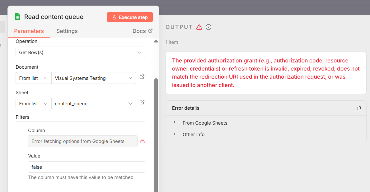 Screenshot of an n8n interface showing a configuration for reading content from a Google Sheet. An error message in red indicates an invalid Google Sheet authorisation grant.