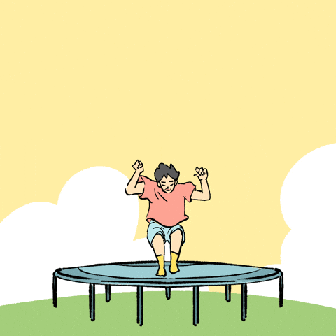 A person jumping on a trampoline says good morning