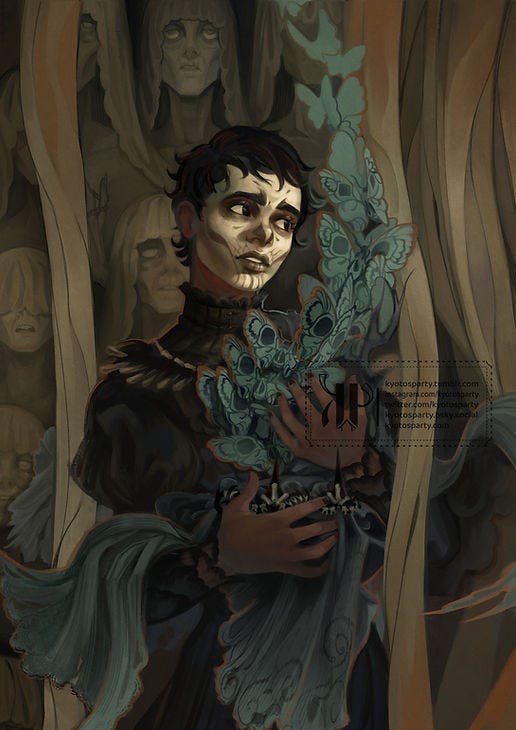 Dark-skinned Harrow wears her corpse paint and ceremonial outfit in the Tomb.