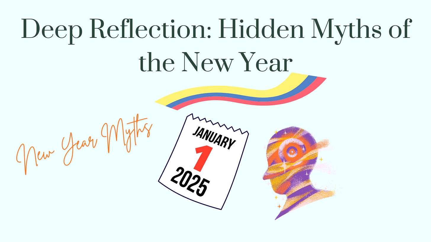Illustration of New Year myths with a calendar, abstract head, and colorful waves, highlighting themes of growth, renewal, and transformation. Illustration of New Year myths with a calendar, abstract head, and colorful waves, highlighting themes of growth, renewal, and transformation.