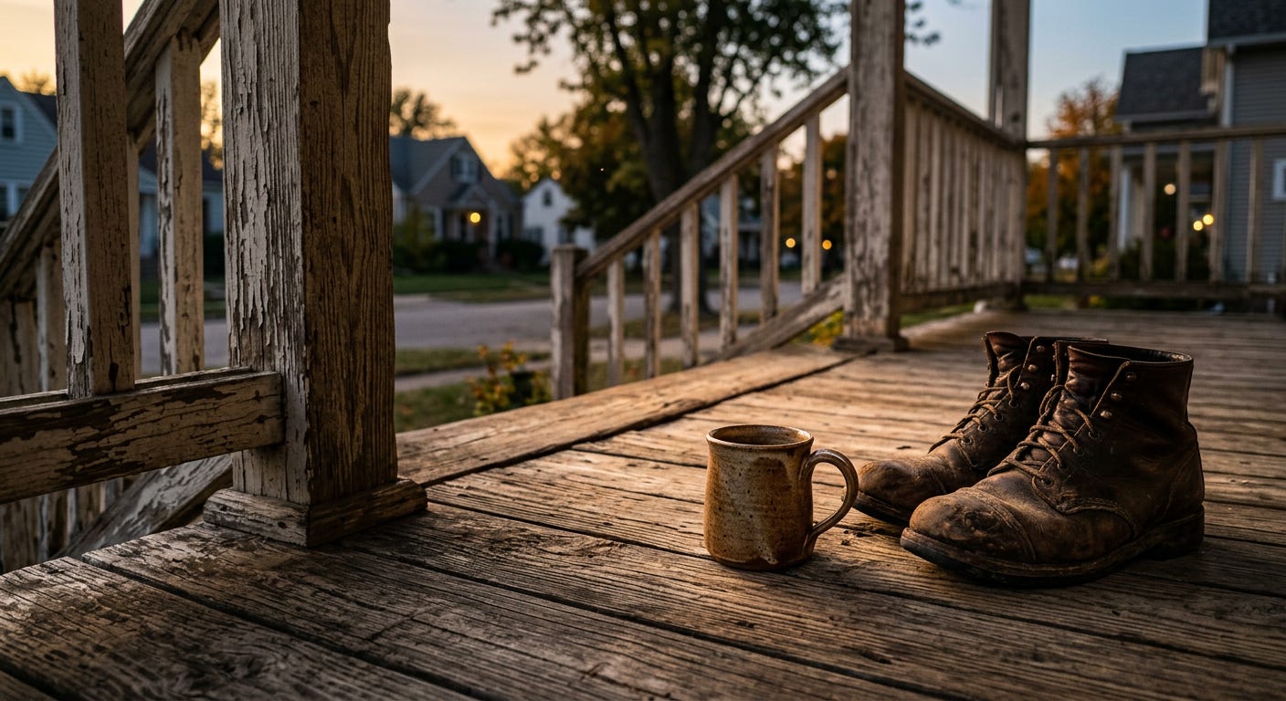 A close-up photograph of a handcrafted ceramic mug and a pair of worn leather work boots resting on weathered wooden porch steps in warm, late-afternoon sunlight.