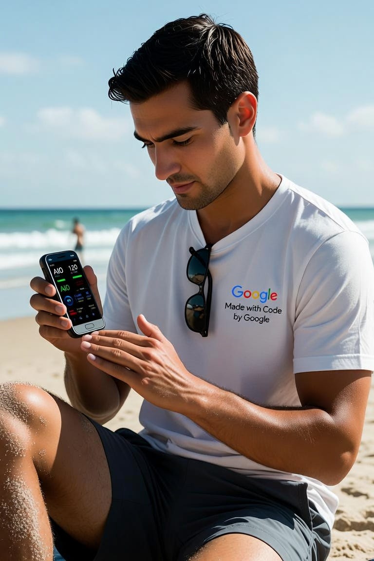 crea una imagen veraniega de un ingeniero de Google en la playa revisando datos de AIO y frotándose las manos crea una imagen veraniega de un ingeniero de Google en la playa revisando datos de AIO y frotándose las manos