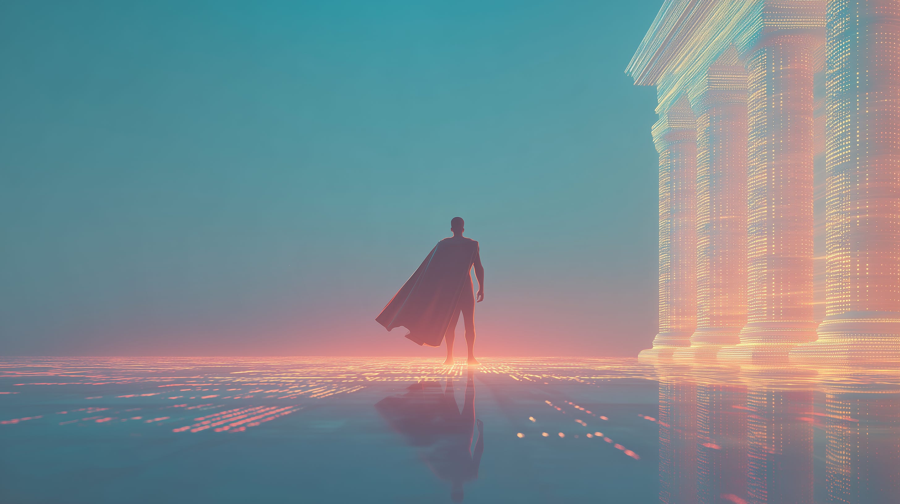 Silhouette of a superhero with cape facing a glowing digital courthouse, symbolizing the clash between AI, law, and cultural icons.