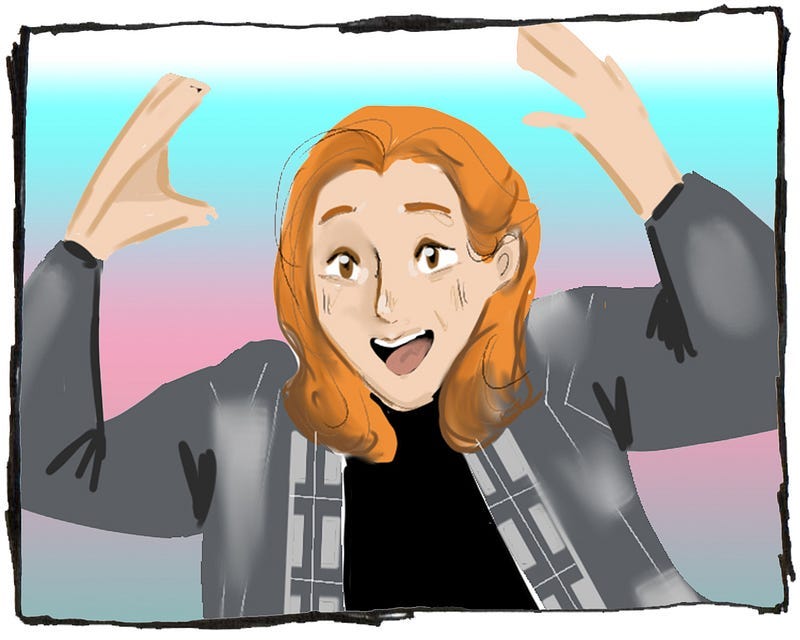 Cartoon drawing of a young man holding up his hands in delight.
