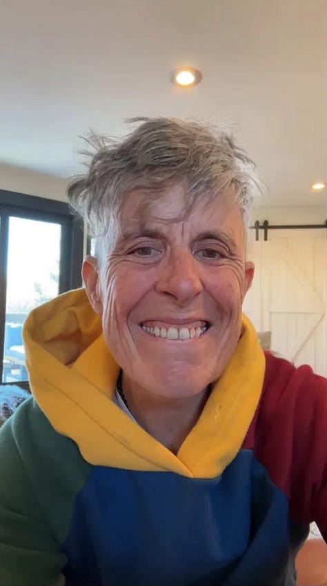three photos of Andrea Gibson and Megan Falley using the aging filter, which ages them about 40 years into the future. They both appear tearful and joyful at once.