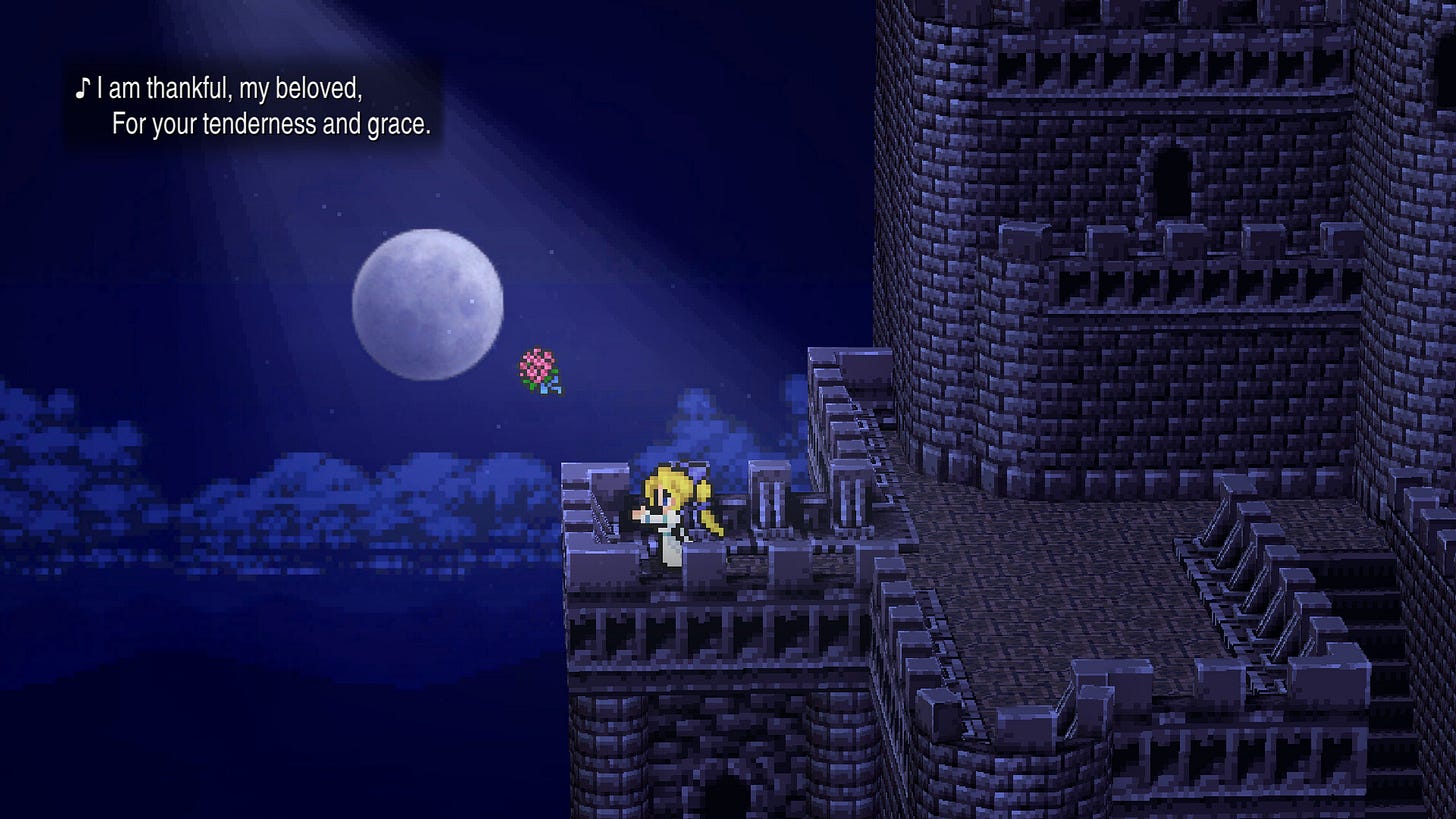 A screenshot from Final Fantasy VI Pixel Remaster. A pixelated woman stands on a castle with the moon shining down on her, and throws flowers over the edge while singing. A screenshot from Final Fantasy VI Pixel Remaster. A pixelated woman stands on a castle with the moon shining down on her, and throws flowers over the edge while singing.
