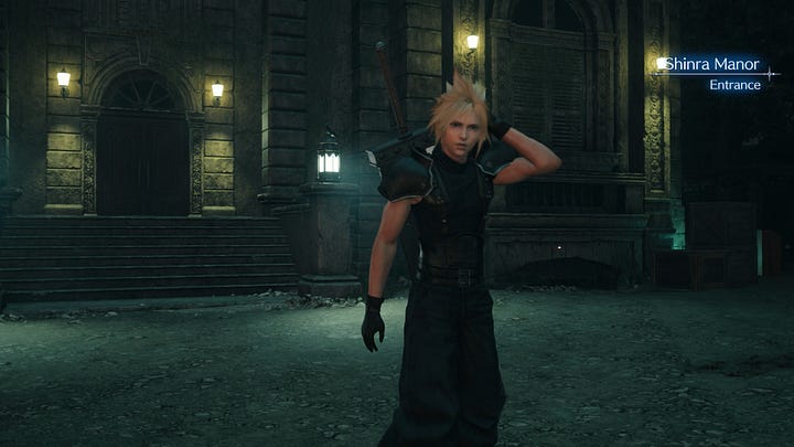 Comparison between Sephiroth's version in the original (left) and Cloud's version in Rebirth (right) regarding Zack/Cloud exiting the Shinra manor and being called over by Zangan.