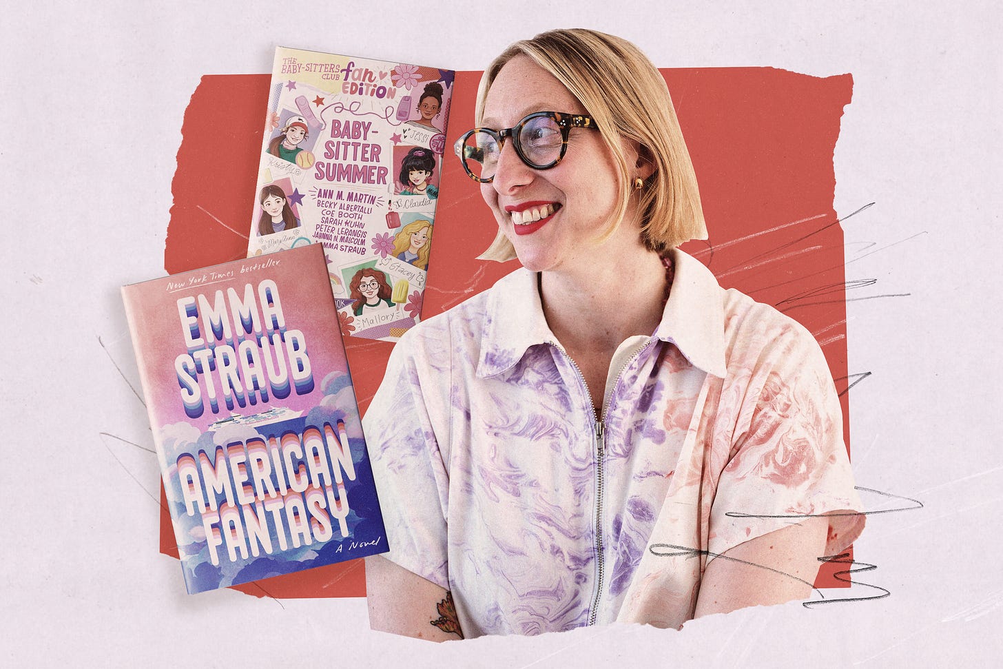 An image of Emma Straub with the covers for American Fantasy and Baby-Sitter Summer