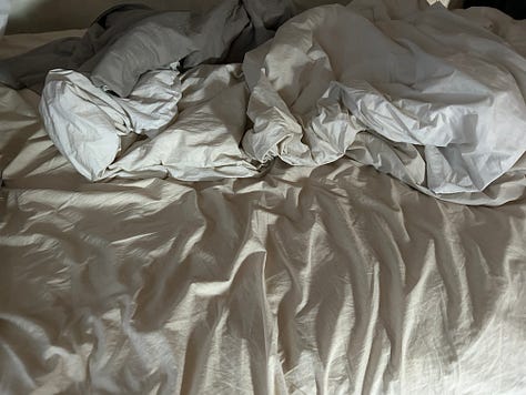 6 images of same bed different mornings after tossing the sheets and getting up