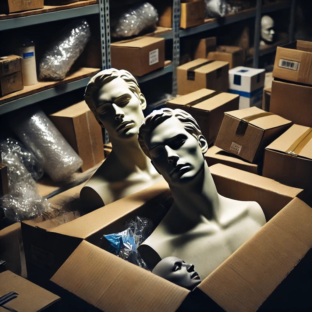 A close-up of two featureless and faceless male mannequins lying around in a storage unit, jumbled in boxes. Their smooth, expressionless forms are entangled with packing materials and other mannequin parts. The dim lighting casts eerie shadows, emphasizing the abandoned and unsettling atmosphere. Cardboard boxes and metal shelving clutter the background.