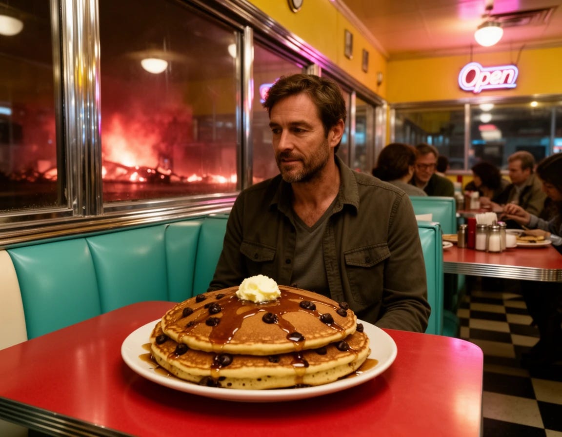Arsonist treating himself to chocolate chip pancakes in a diner after starting a fire