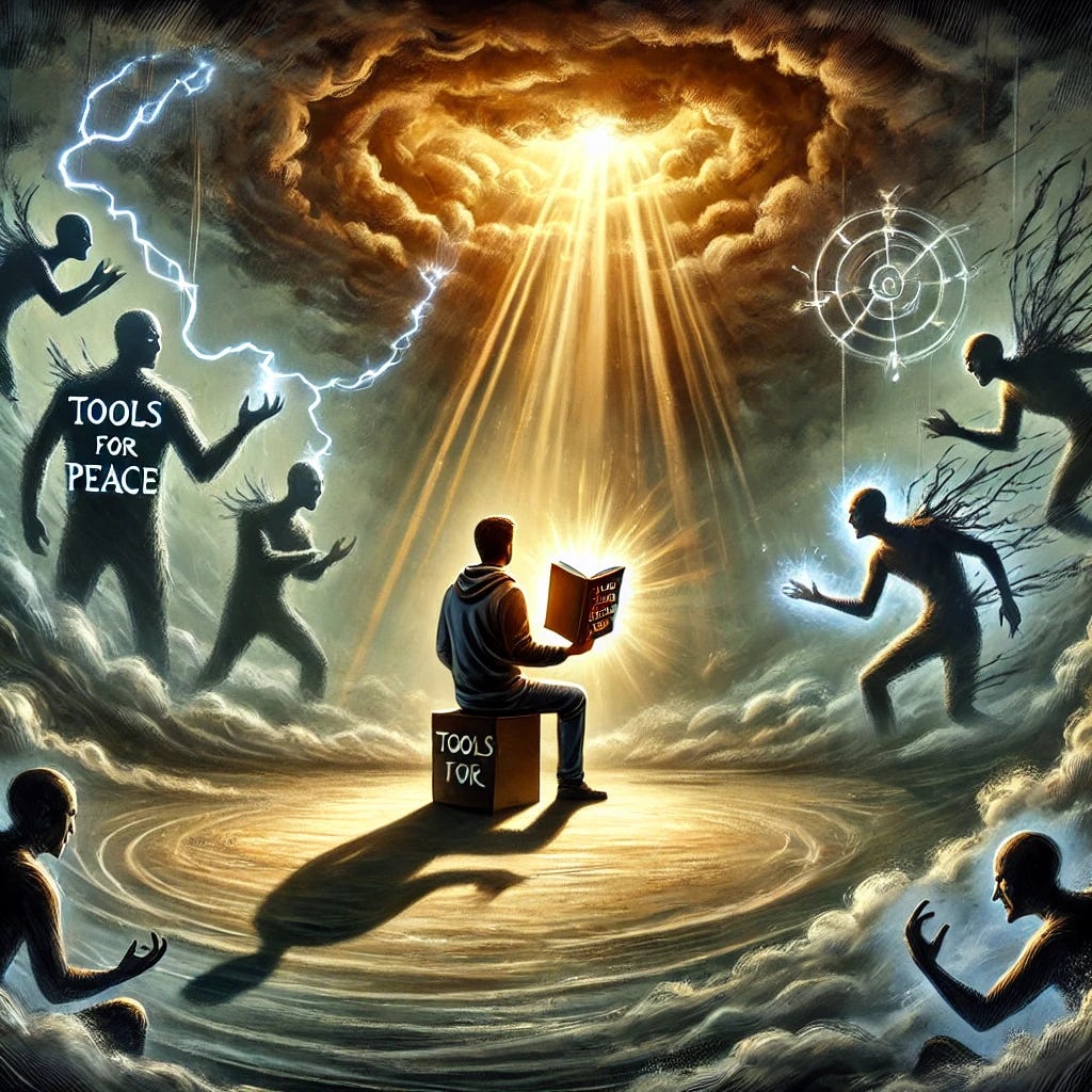 A symbolic image representing Bill Eddy's work on high-conflict personalities. The scene shows a person standing calmly in the midst of a chaotic storm, holding a glowing book labeled 'Tools for Peace' while shadows of manipulative figures swirl around them. The storm symbolizes the chaos created by high-conflict personalities, while the glowing book represents the clarity and empowerment offered by Eddy's insights. In the background, faint rays of light break through the storm, symbolizing hope and resolution. The tone is reflective and empowering.
