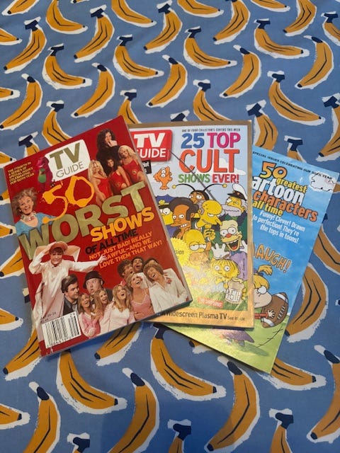 3 TV guide copies on banana print background 3 TV guide copies on banana print background