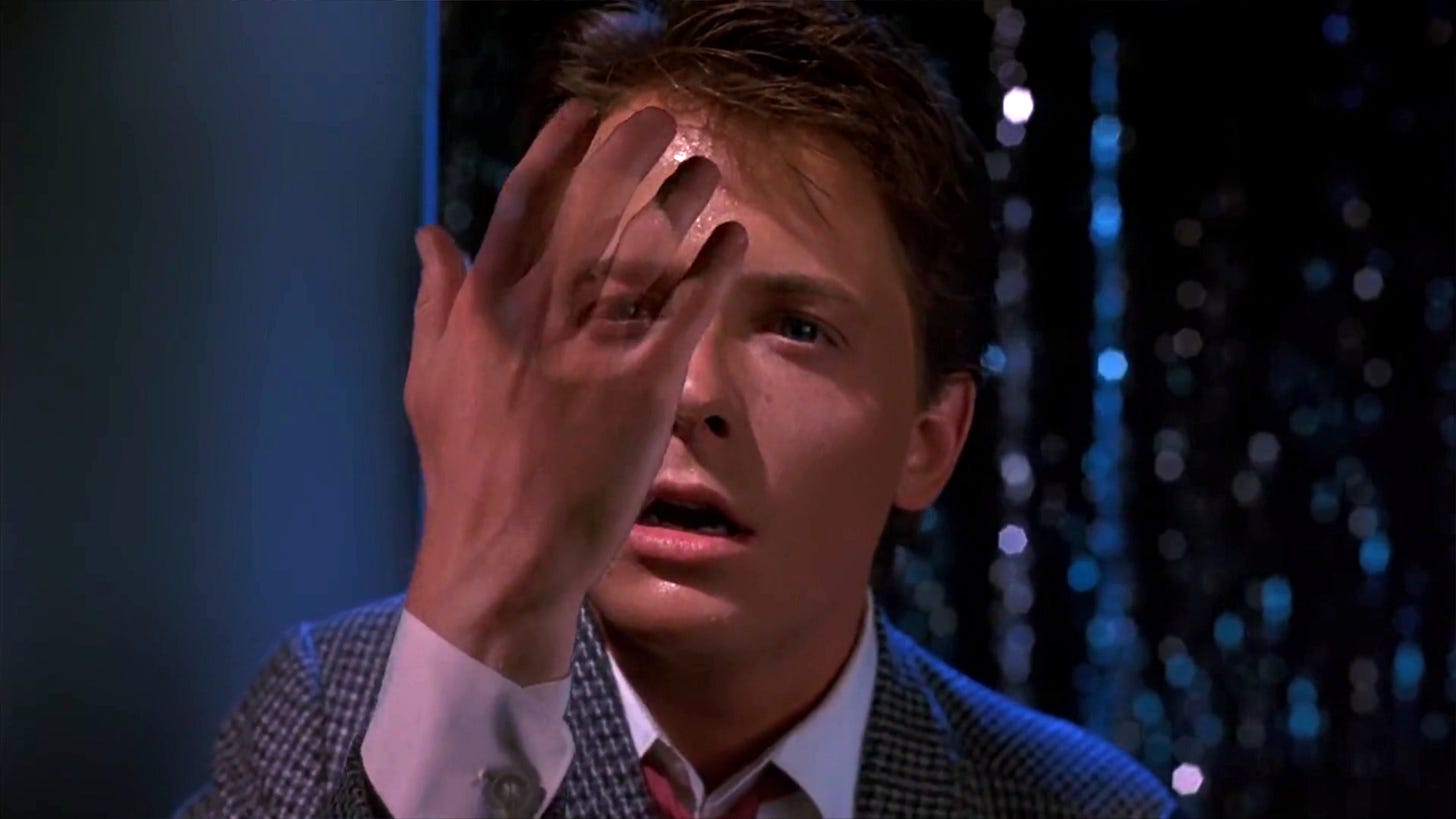 Marty McFly sees through his hand at the Enchantment Under the Sea Dance