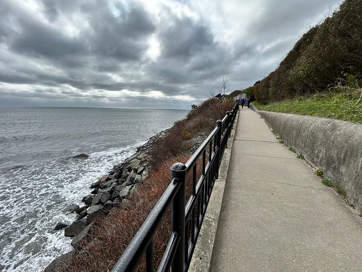 entrance, sign, ocean, trees, brush, railing, clouds