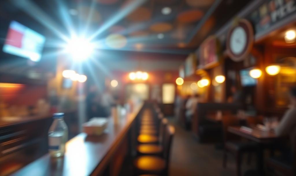 A blurred view across a pub, with bright spotlights.