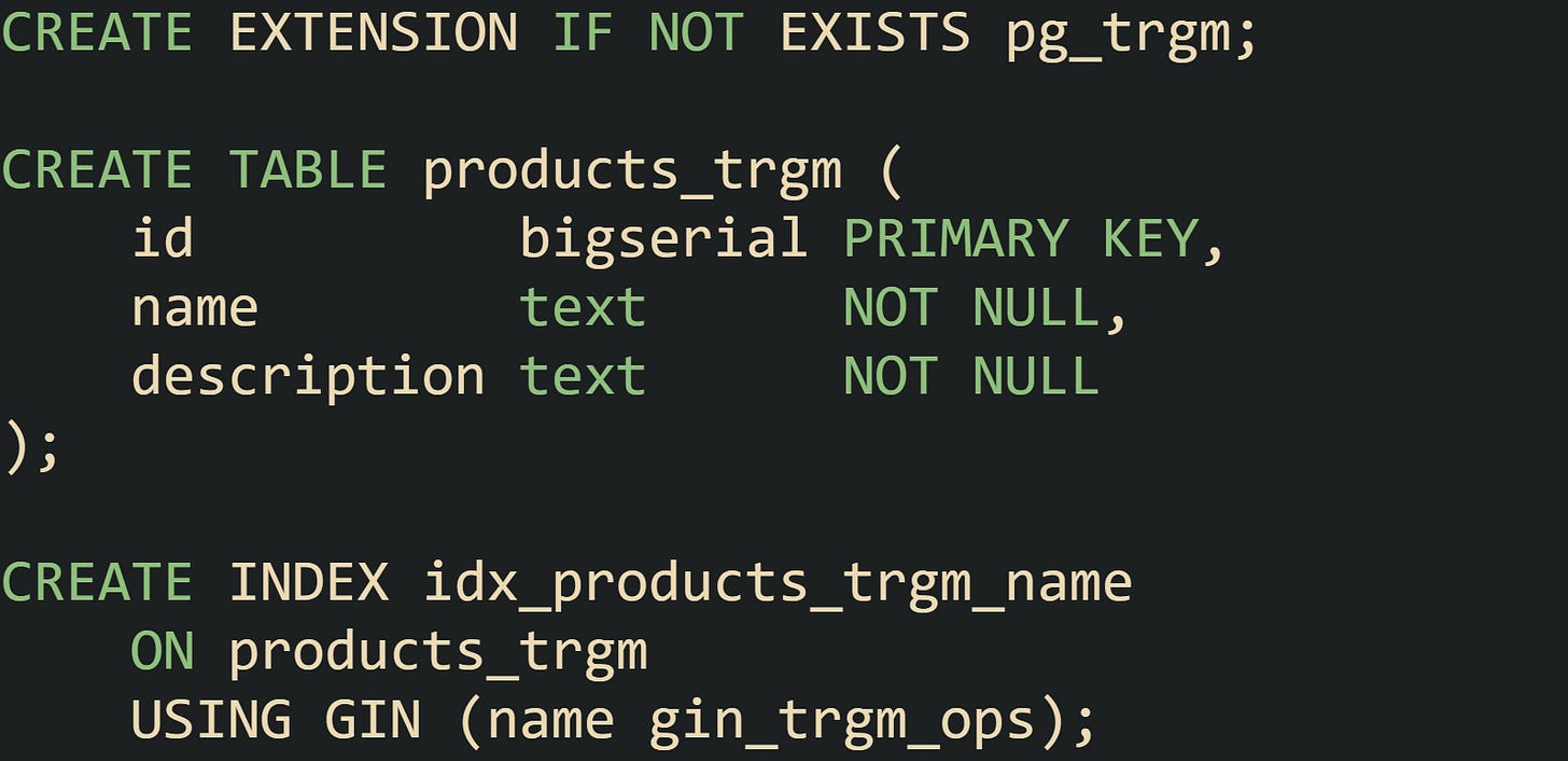 CREATE EXTENSION IF NOT EXISTS pg_trgm;  CREATE TABLE products_trgm (     id          bigserial PRIMARY KEY,     name        text      NOT NULL,     description text      NOT NULL );  CREATE INDEX idx_products_trgm_name     ON products_trgm     USING GIN (name gin_trgm_ops);