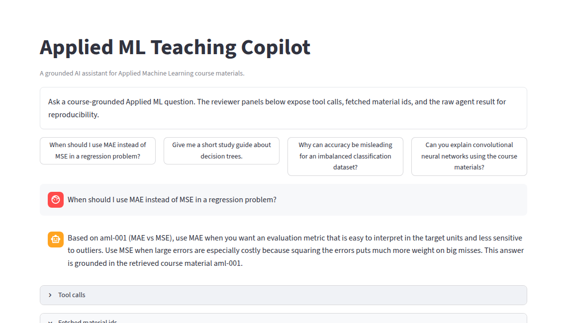 Applied ML Teaching Copilot answer citing course material aml-001 and showing the tool-call panel