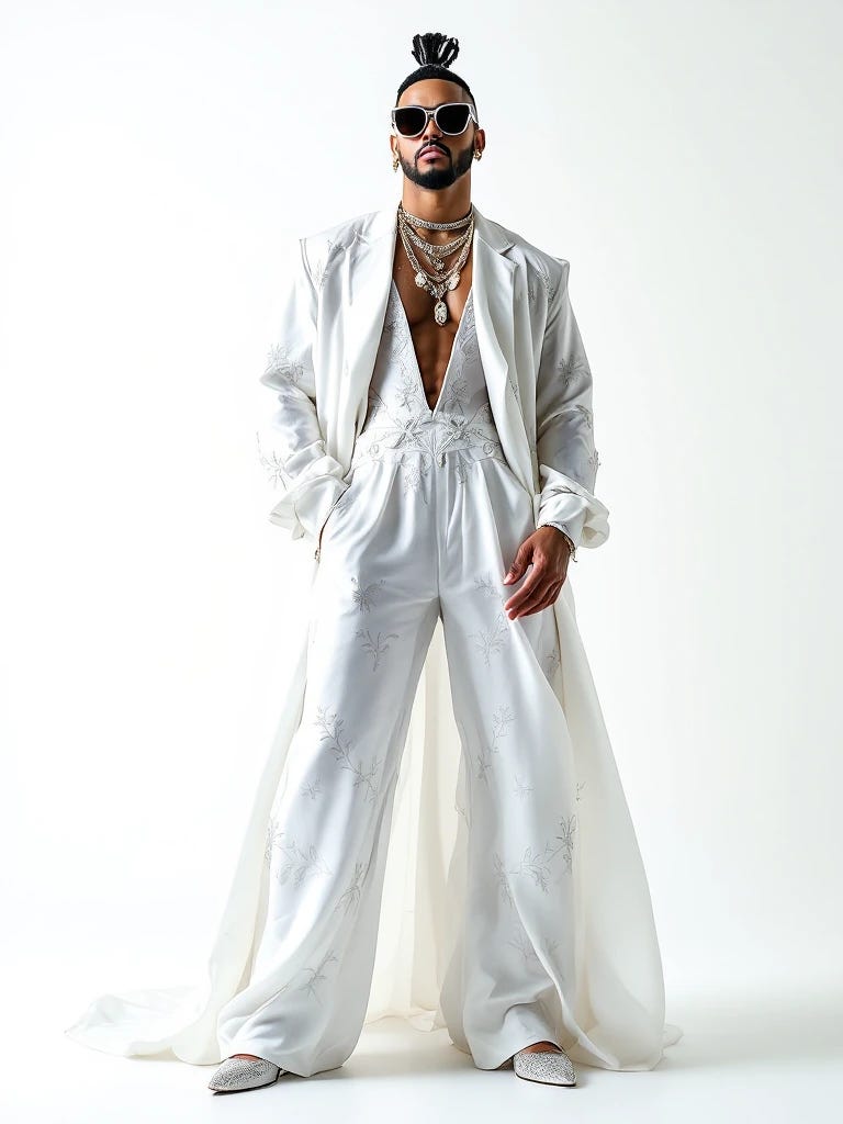 Bad Bunny puerto rican pop star with sunglasses wearing a white dress and high heels