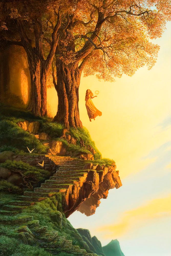 Rough stone steps wind around the side of a hill defining the cliff's edge in their slow ascent. As the path turns sharply, the eroded ground beneath forms an overhang. The sky beyond is suffused with golden radiance layered with grey-blue clouds. The trees at the edge of the cliff, already in the transition to autumn, are lit by the warm glow of sunset creating a contrast of light and shadow up thick textured trunks. Out over the edge, hovering in the open air, a woman in a long dress holds her hands out as if presenting a clear spherical vessel containing a solitary flame. Bathed in the light of sunset, she stares off panel into the far distance while a pair of doves flies low, sweeping over the curving steps. Rough stone steps wind around the side of a hill defining the cliff's edge in their slow ascent. As the path turns sharply, the eroded ground beneath forms an overhang. The sky beyond is suffused with golden radiance layered with grey-blue clouds. The trees at the edge of the cliff, already in the transition to autumn, are lit by the warm glow of sunset creating a contrast of light and shadow up thick textured trunks. Out over the edge, hovering in the open air, a woman in a long dress holds her hands out as if presenting a clear spherical vessel containing a solitary flame. Bathed in the light of sunset, she stares off panel into the far distance while a pair of doves flies low, sweeping over the curving steps.
