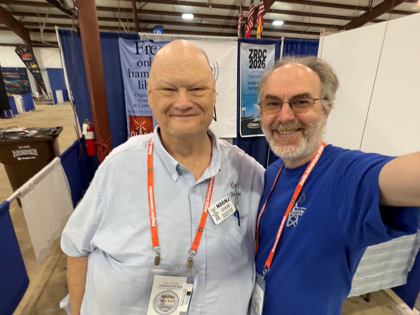 Steve Stroh N8GNJ and Kay Savetz K6KJN at Hamvention 2026, at the ZR / DLARC booth. Image courtesy of Kay Savetz K6KJN.